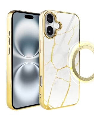 Etui do iPhone 16 Plus IBIZU Elite Glass z MagSafe, Kintsugi, biała porcelana, złote