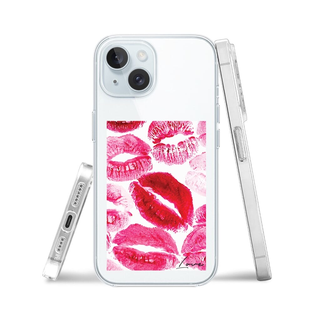 Etui do iPhone 15 Plus przeźroczyste, silikonowe Flexi, pocałunki z napisem "love" - obrazek 3