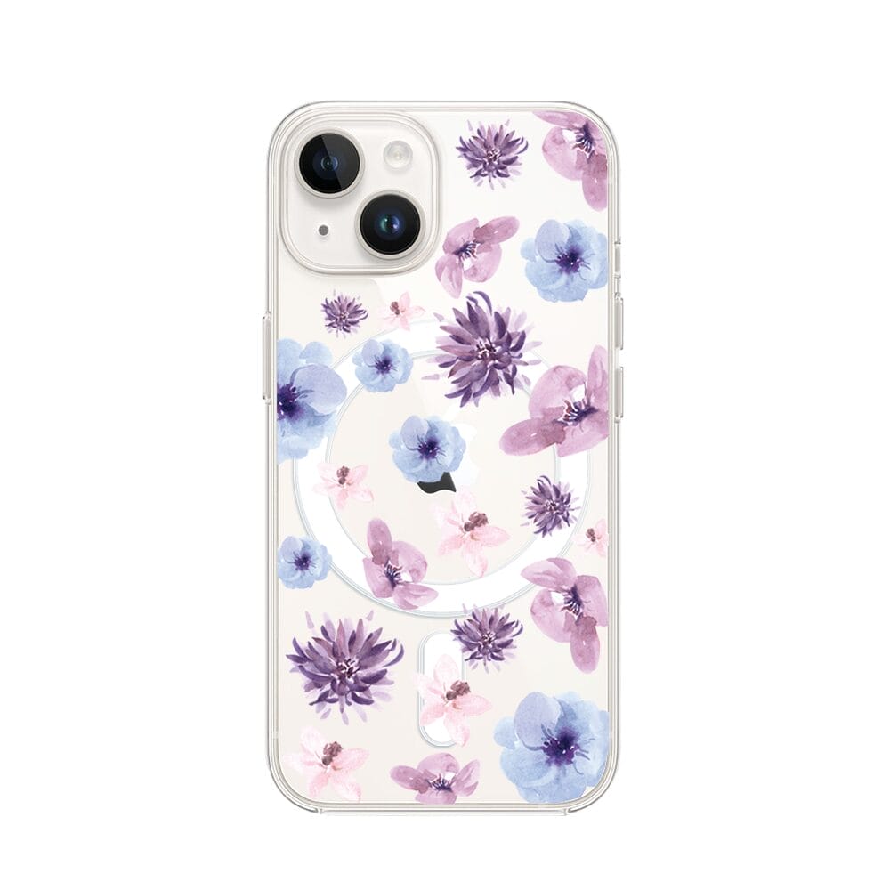 Etui do iPhone 14 Plus z MagSafe przeźroczyste, silikonowe Flexi, kwiatki niebieskie, fioletowe