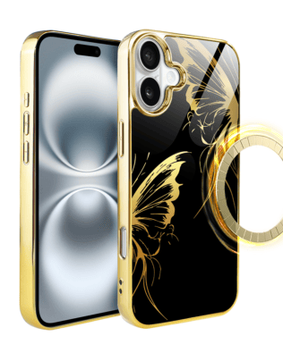 Etui do iPhone 16 IBIZU Elite Glass z MagSafe Golden Midnight, Skrzydła motyla, złote