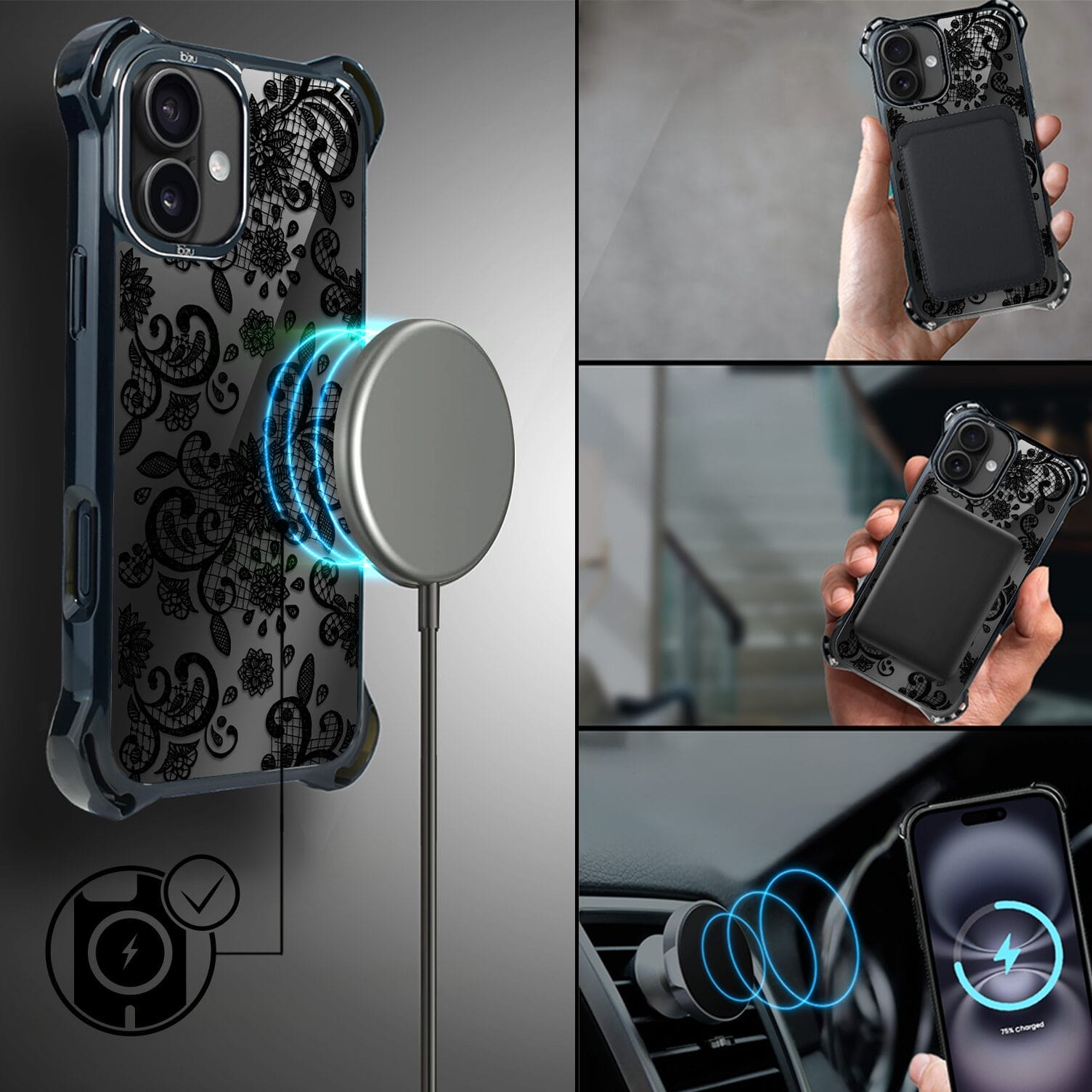 Etui do iPhone 16 IBIZU DropGuard Ultra z MagSafe, Midnight, Koronkowa czerń - obrazek 8