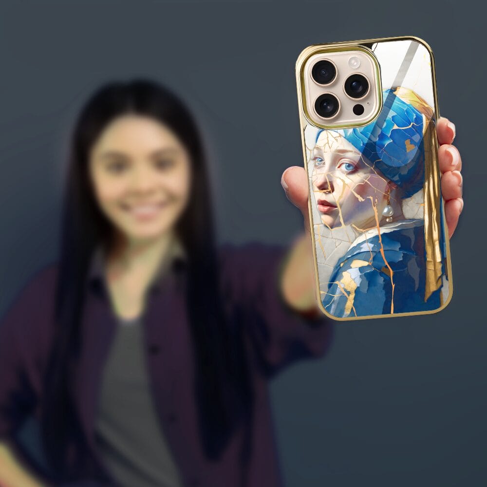 Etui do iPhone 16 Pro IBIZU Elite Glass z MagSafe, Kintsugi Art, kobieta z perłą, złote - obrazek 5