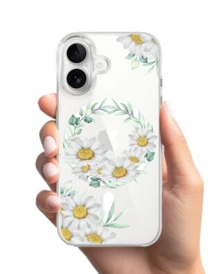 Etui do iPhone 16 z MagSafe przeźroczyste, silikonowe Flexi, wianek stokrotek