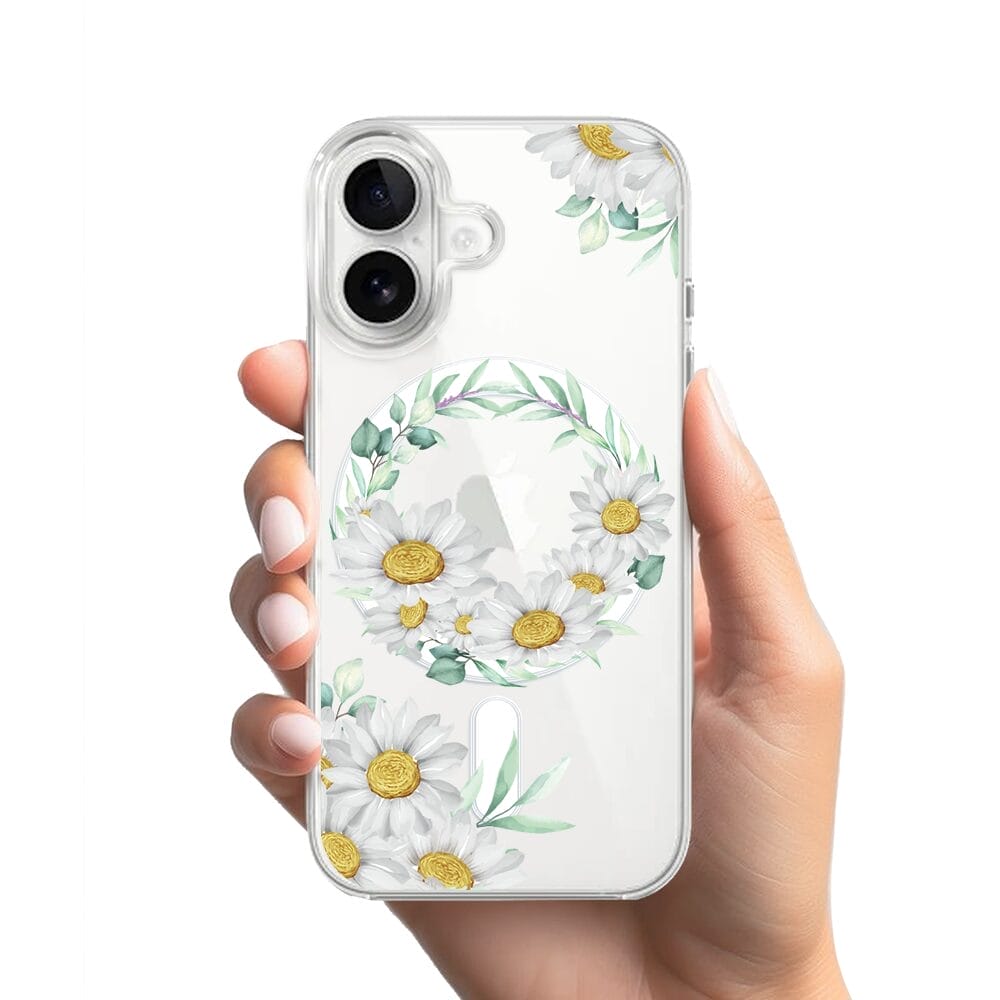 Etui do iPhone 16 z MagSafe przeźroczyste, silikonowe Flexi, wianek stokrotek - obrazek 2