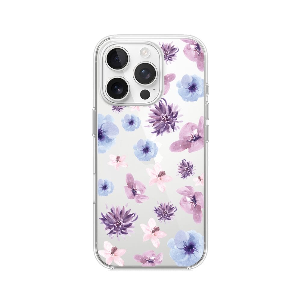 Etui do iPhone 16 Pro przeźroczyste, silikonowe Flexi, kwiatki niebieskie, fioletowe