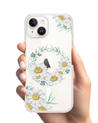 Etui do iPhone 14 Plus z MagSafe przeźroczyste, silikonowe Flexi, wianek stokrotek