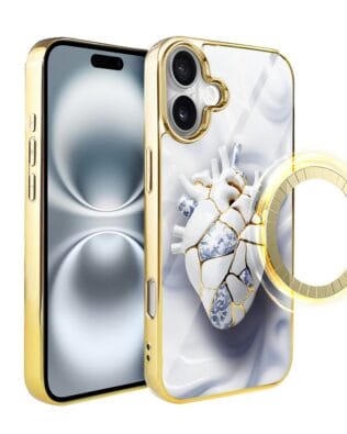 Etui do iPhone 16 Plus IBIZU Elite Glass z MagSafe, Kintsugi Art, porcelanowe serce, złote