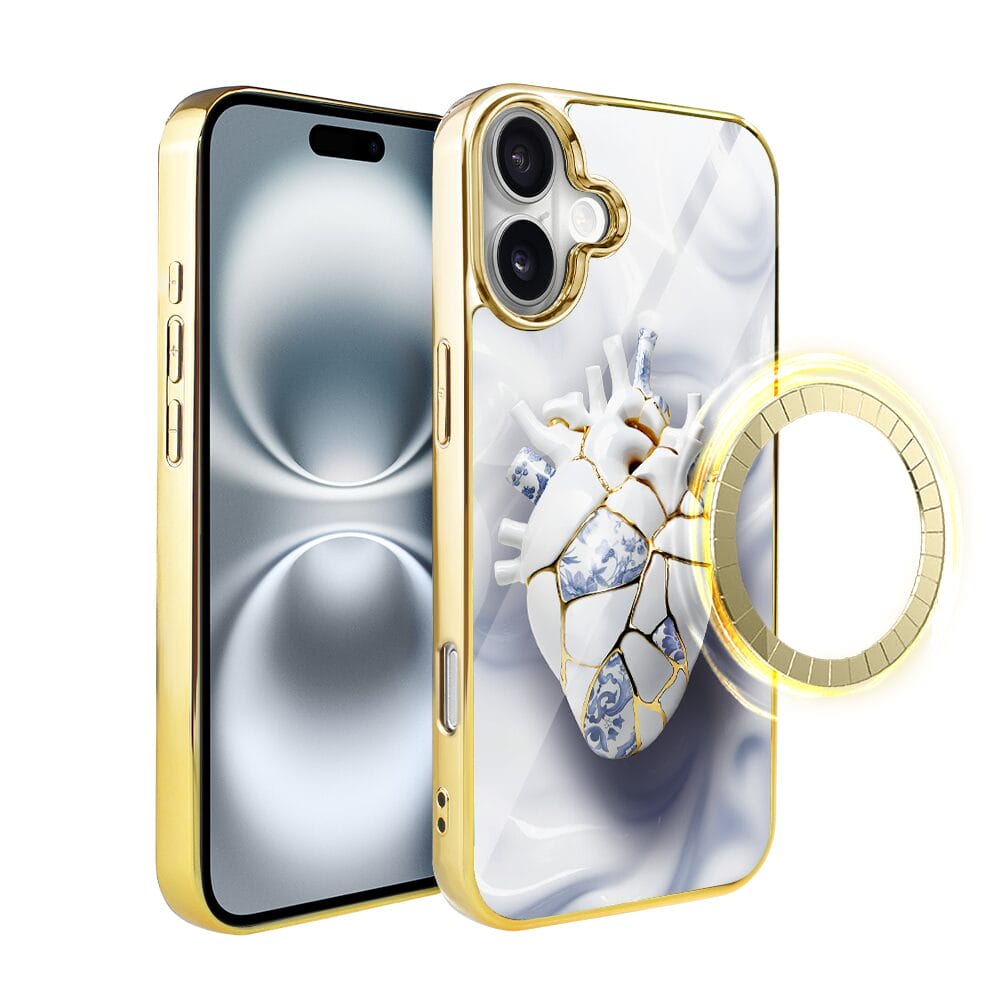 Etui do iPhone 16 Plus IBIZU Elite Glass z MagSafe, Kintsugi Art, porcelanowe serce, złote