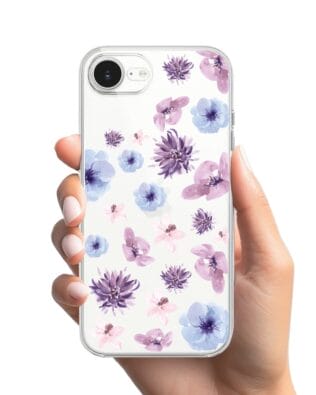 Etui do iPhone 16e przeźroczyste, silikonowe Flexi, kwiatki niebieskie, fioletowe