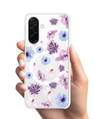 Etui do Samsung Galaxy A26 5G z MagSafe przeźroczyste, silikonowe Flexi, kwiatki niebieskie, fioletowe