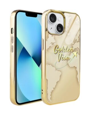 Etui do iPhone 13 IBIZU Elite Glass 3D, szklany tył, złota mapa świata z napisem Golden Visa, złote