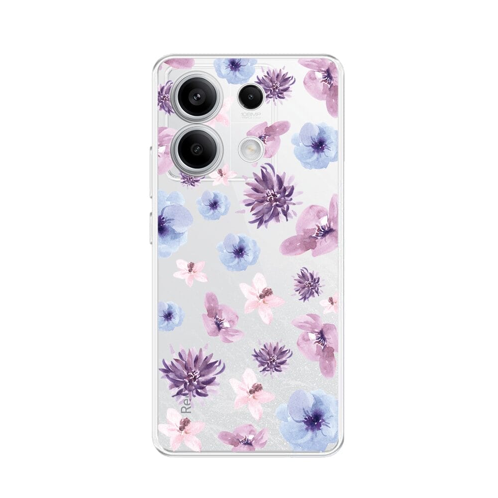 Etui do Xiaomi Redmi Note 13 Pro 5G przeźroczyste, silikonowe Flexi, kwiatki niebieskie, fioletowe