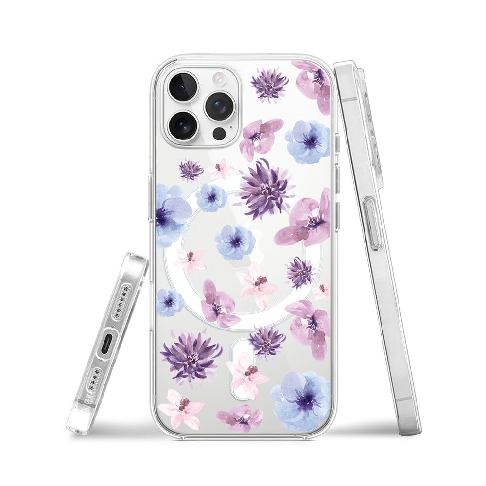 Etui do iPhone 12 Pro z MagSafe przeźroczyste, silikonowe Flexi, kwiatki niebieskie, fioletowe - obrazek 3