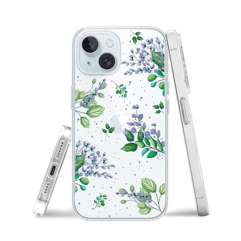 Etui do iPhone 15 przeźroczyste, silikonowe Flexi, fioletowe kwiatki - obrazek 3