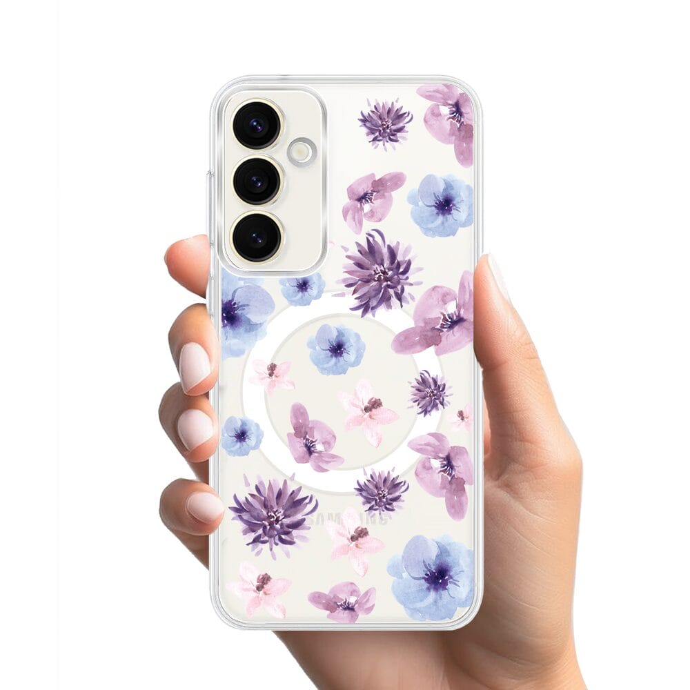 Etui do Samsung Galaxy S23 z MagSafe przeźroczyste, silikonowe Flexi, kwiatki niebieskie, fioletowe - obrazek 2