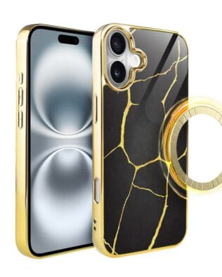 Etui do iPhone 16 IBIZU Elite Glass z MagSafe, Kintsugi, czarna porcelana, złote