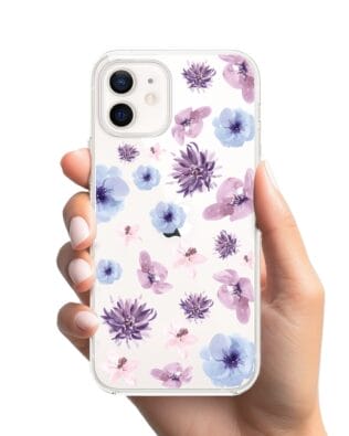Etui do iPhone 12 Mini przeźroczyste, silikonowe Flexi, kwiatki niebieskie, fioletowe