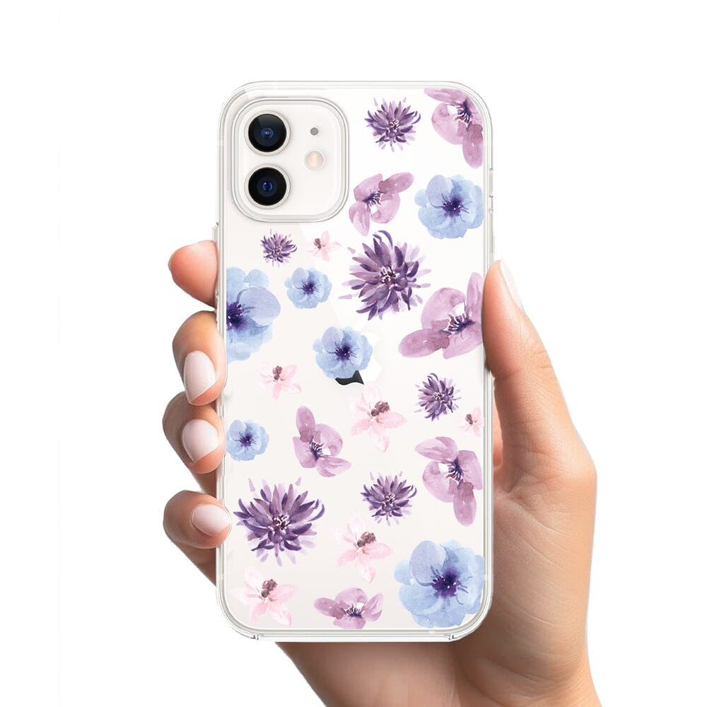 Etui do iPhone 12 Mini przeźroczyste, silikonowe Flexi, kwiatki niebieskie, fioletowe - obrazek 2