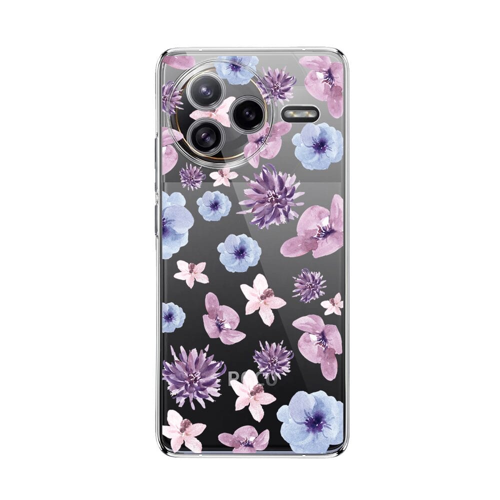 Etui do Xiaomi POCO F7 Ultra przeźroczyste, silikonowe Flexi, kwiatki niebieskie, fioletowe
