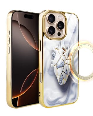 Etui do iPhone 16 Pro Max IBIZU Elite Glass z MagSafe, Kintsugi Art, porcelanowe serce, złote