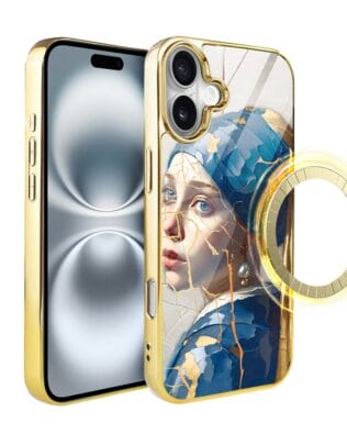 Etui do iPhone 16 IBIZU Elite Glass z MagSafe, Kintsugi Art, kobieta z perłą, złote
