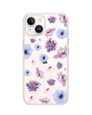 Etui do iPhone 13 Mini przeźroczyste, silikonowe Flexi, kwiatki niebieskie, fioletowe