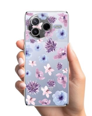 Etui do Xiaomi POCO F7 Pro przeźroczyste, silikonowe Flexi, kwiatki niebieskie, fioletowe