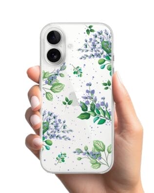 Etui do iPhone 16 przeźroczyste, silikonowe Flexi, fioletowe kwiatki