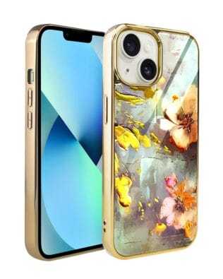 Etui do iPhone 13 IBIZU Elite Glass, szklany tył, kwiaty ze złotem, złote