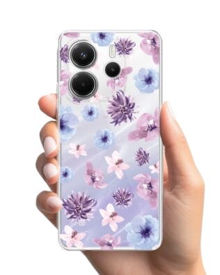 Etui do Xiaomi Redmi Note 14 4G przeźroczyste, silikonowe Flexi, kwiatki niebieskie, fioletowe