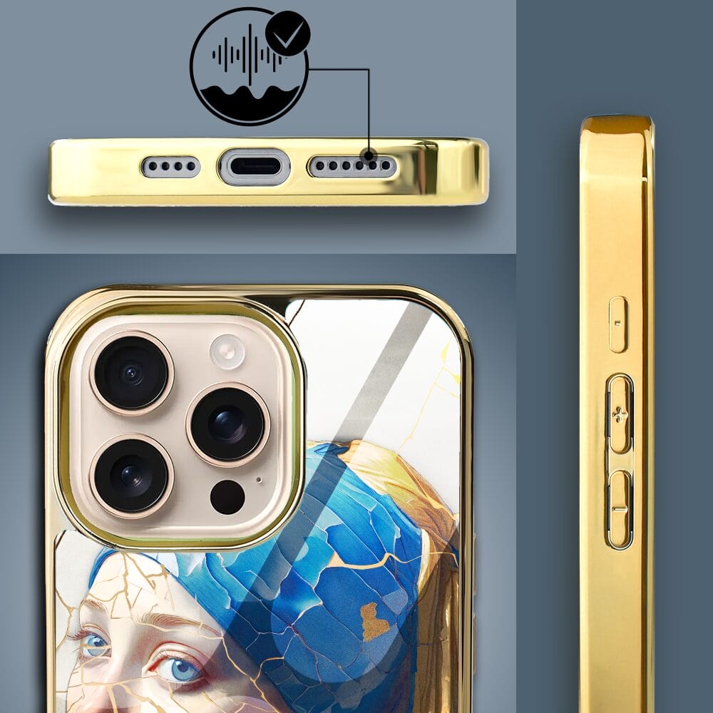 Etui do iPhone 16 Pro IBIZU Elite Glass z MagSafe, Kintsugi Art, kobieta z perłą, złote - obrazek 4