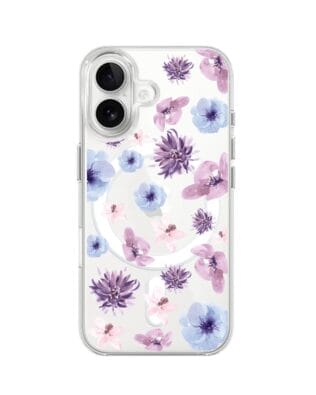 Etui do iPhone 16 z MagSafe przeźroczyste, silikonowe Flexi, kwiatki niebieskie, fioletowe
