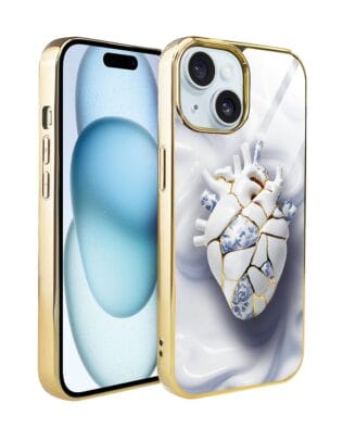 Etui do iPhone 15 IBIZU Elite Glass, szklany tył, Kintsugi Art, porcelanowe serce, złote