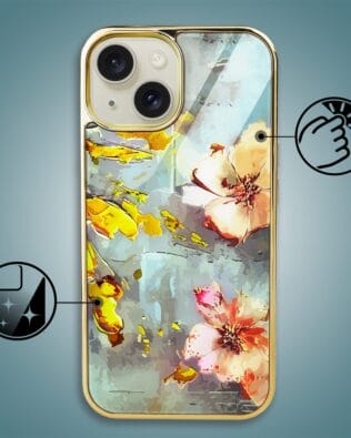 Etui do iPhone 13 IBIZU Elite Glass, szklany tył, kwiaty ze złotem, złote