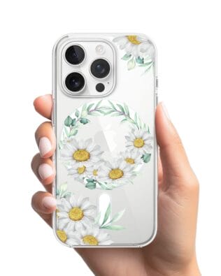 Etui do iPhone 15 Pro Max z MagSafe przeźroczyste, silikonowe Flexi, wianek stokrotek