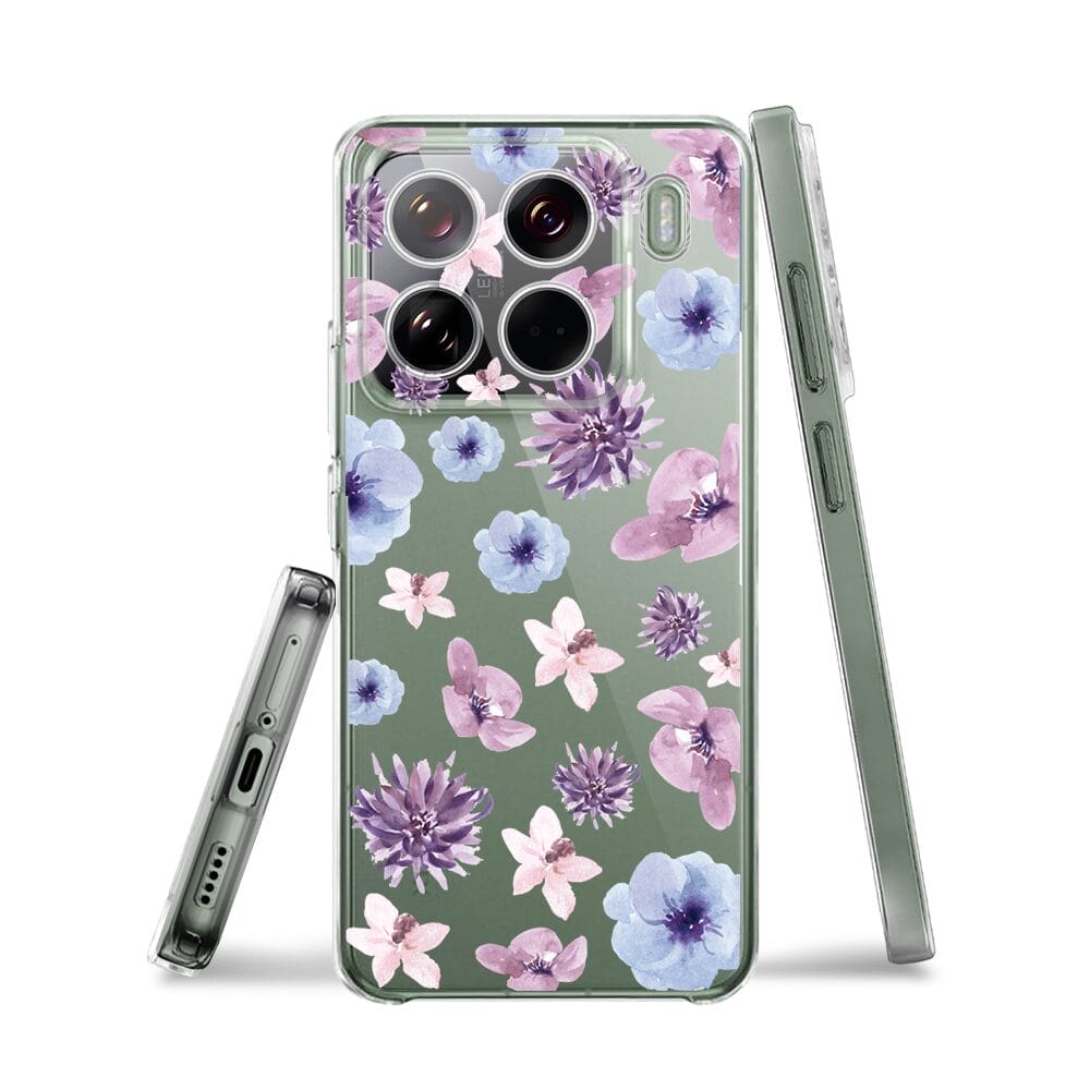 Etui do Xiaomi 15 Pro przeźroczyste, silikonowe Flexi, kwiatki niebieskie, fioletowe - obrazek 3