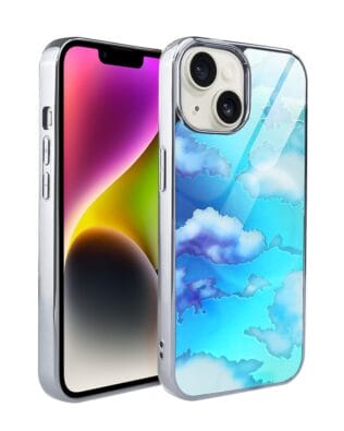 Etui do iPhone 14 IBIZU Elite Glass, szklany tył, chmurki, srebrne