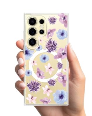 Etui do Samsung Galaxy S24 Ultra z MagSafe przeźroczyste, silikonowe Flexi, kwiatki niebieskie, fioletowe