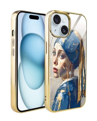 Etui do iPhone 15 IBIZU Elite Glass, szklany tył, Kintsugi Art, kobieta z perłą, złote