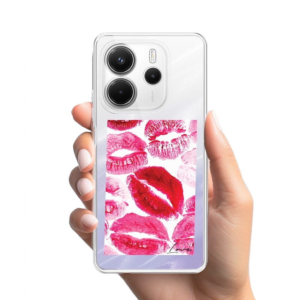 Etui do Xiaomi Redmi Note 14 5G przeźroczyste, silikonowe Flexi, pocałunki z napisem "love" - obrazek 2