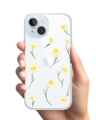 Etui do iPhone 15 Plus przeźroczyste, silikonowe Flexi, stokrotki
