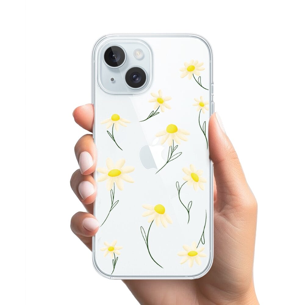 Etui do iPhone 15 Plus przeźroczyste, silikonowe Flexi, stokrotki - obrazek 2