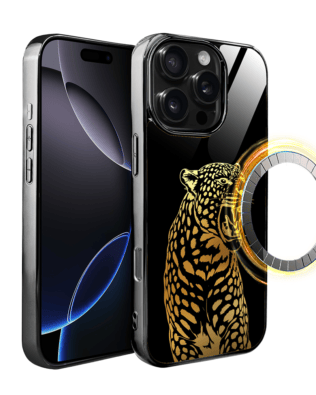 Etui do iPhone 16 Pro Max IBIZU Elite Glass z MagSafe Golden Midnight, Ryczący Jaguar, czarne