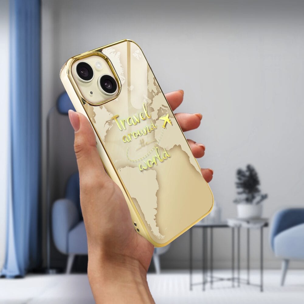 Etui do iPhone 15 IBIZU Elite Glass 3D, szklany tył, złota mapa świata z napisem Travel around the World, złote - obrazek 5