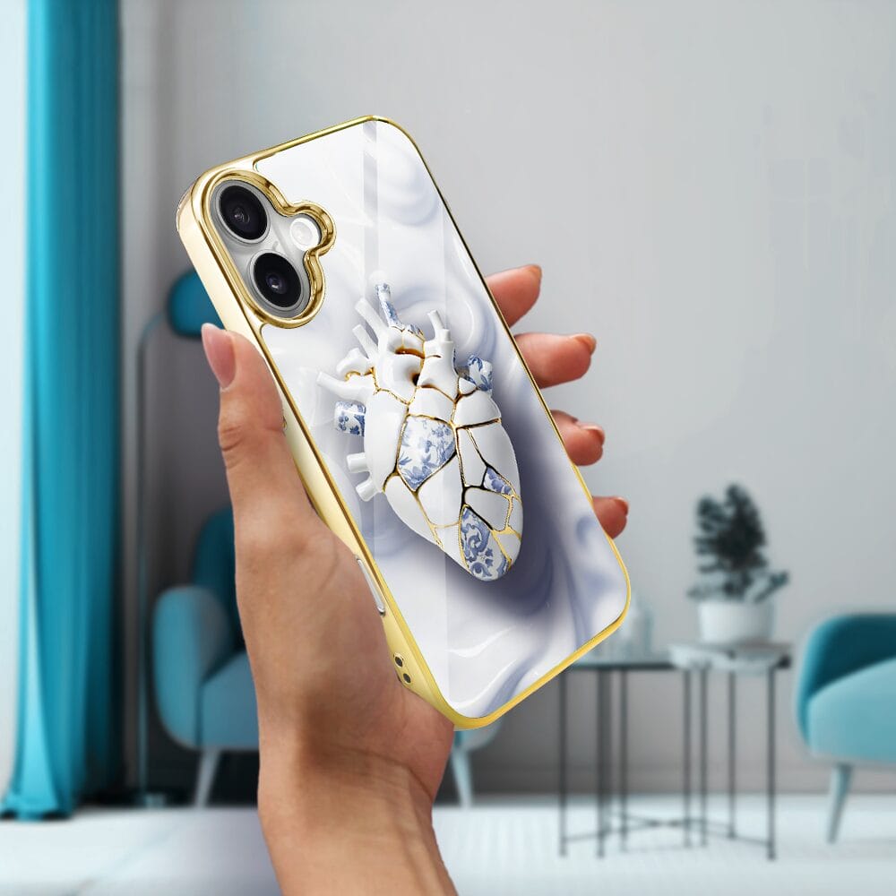 Etui do iPhone 16 Plus IBIZU Elite Glass z MagSafe, Kintsugi Art, porcelanowe serce, złote - obrazek 6