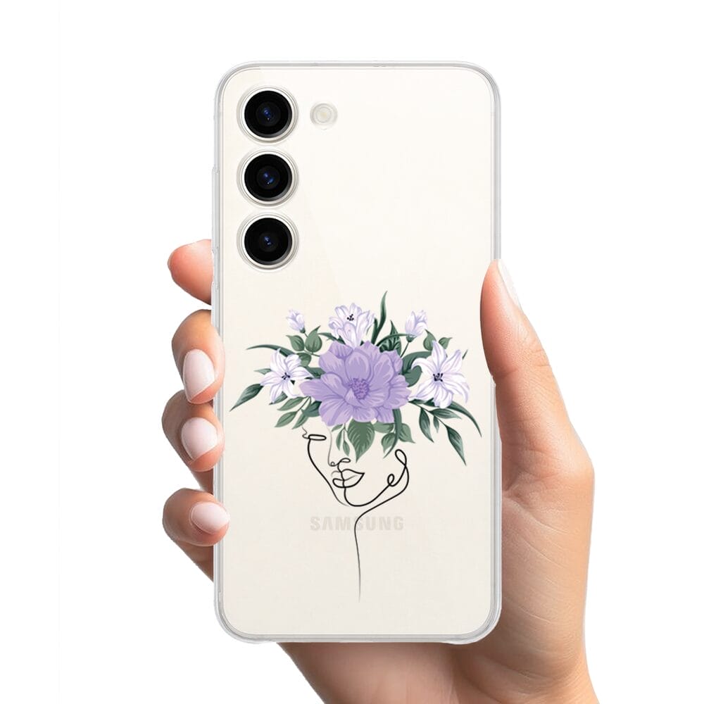 Etui do Samsung Galaxy S23 przeźroczyste, silikonowe Flexi, kobieta z kwiatami - obrazek 2