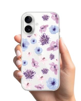 Etui do iPhone 16 przeźroczyste, silikonowe Flexi, kwiatki niebieskie, fioletowe