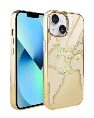 Etui do iPhone 13 IBIZU Elite Glass 3D, szklany tył, złota mapa świata z napisem Travel around the World, złote