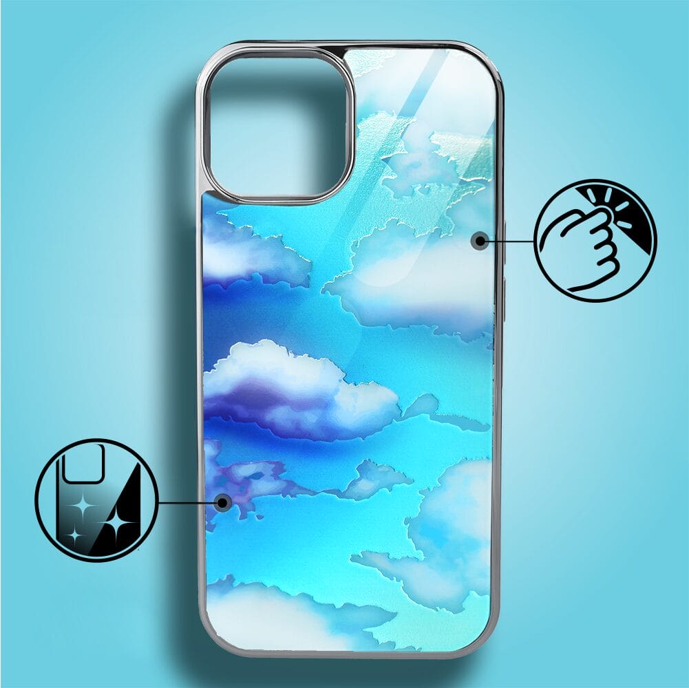 Etui do iPhone 13 IBIZU Elite Glass, szklany tył, chmurki, srebrne - obrazek 2