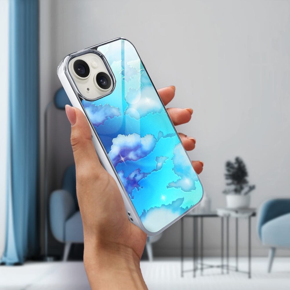Etui do iPhone 14 IBIZU Elite Glass, szklany tył, chmurki, srebrne - obrazek 5
